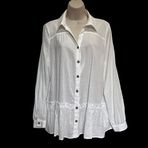 Doe & Rae White Cotton Lightweight Peasant Blouse Ruffle Hem Sz L - Picture 1 of 10